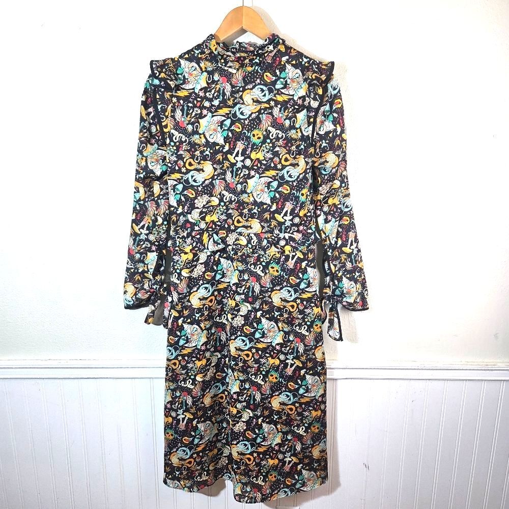 Zadig & Voltaire Rosier Plisse Party Circus Dress XS Silk Feel Print Tie Sleeve